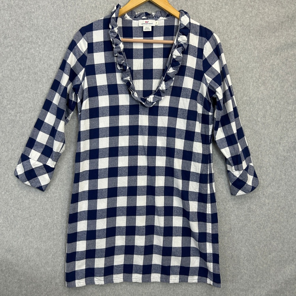 Vineyard Vines Size 2 Dress Blue White Gingham Ruffle Neck Buffalo Check Flannel
